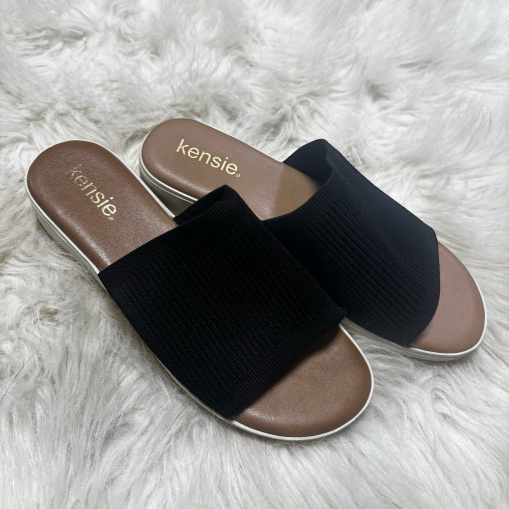 Kensie Black Ribbed Knit Slip On Wedge Sandals size 6/7